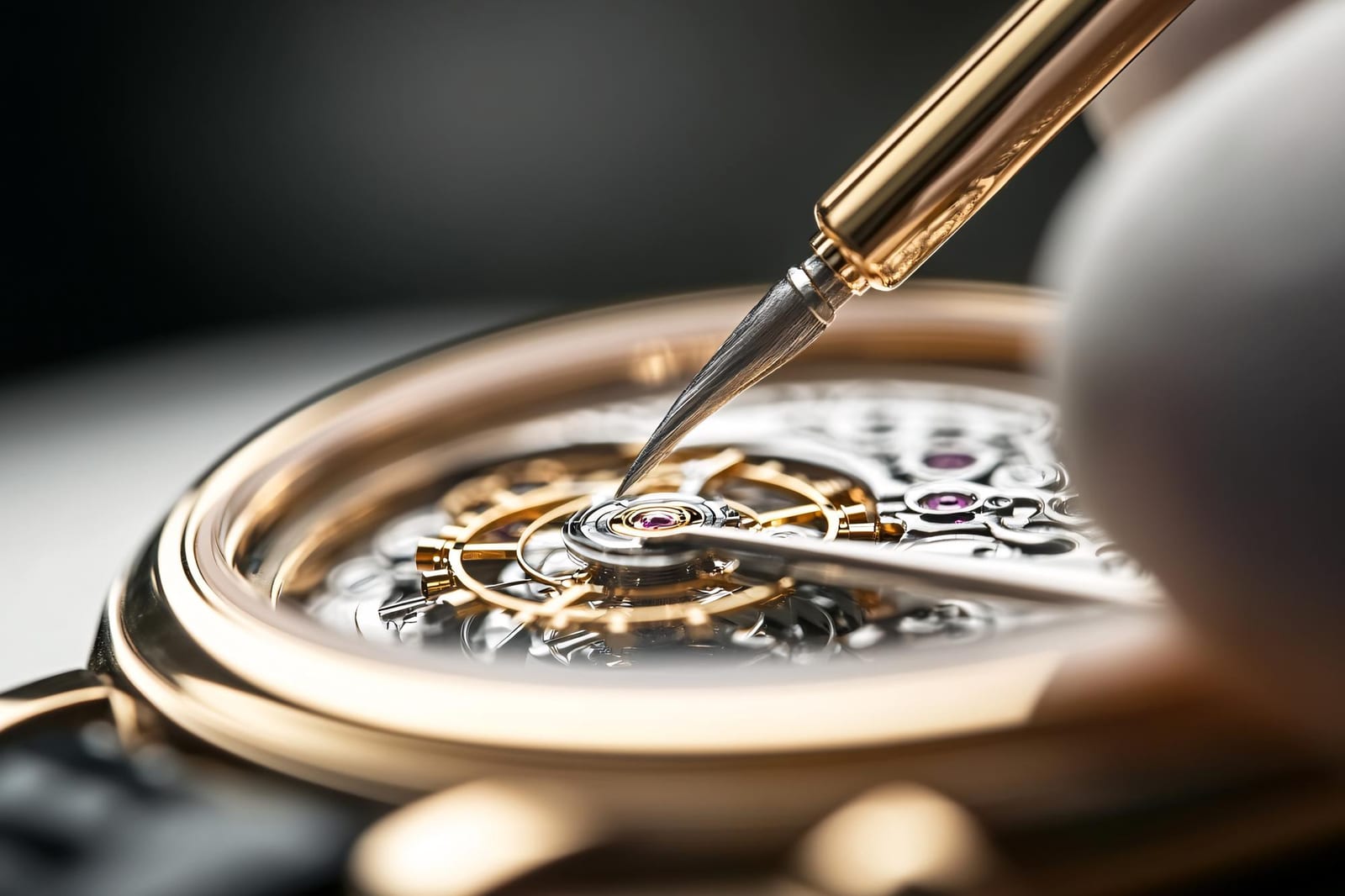 Artigiano al lavoro in un atelier orafo tra strumenti per la lavorazione di orologi